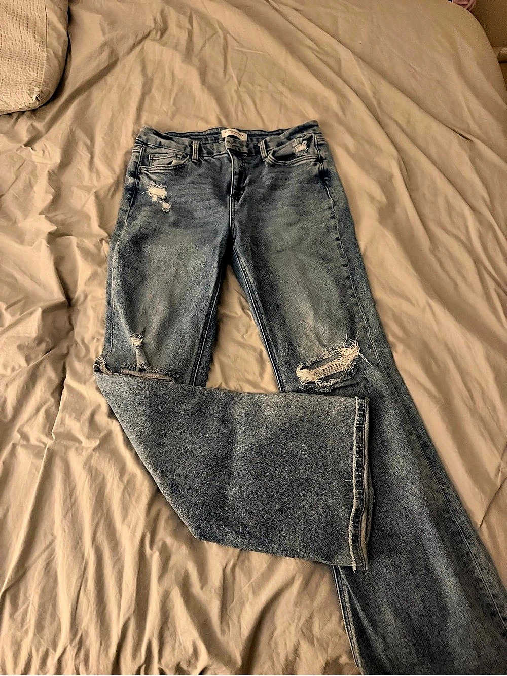 Flying Monkey Distressed Flare Jeans in Blue Waist 32